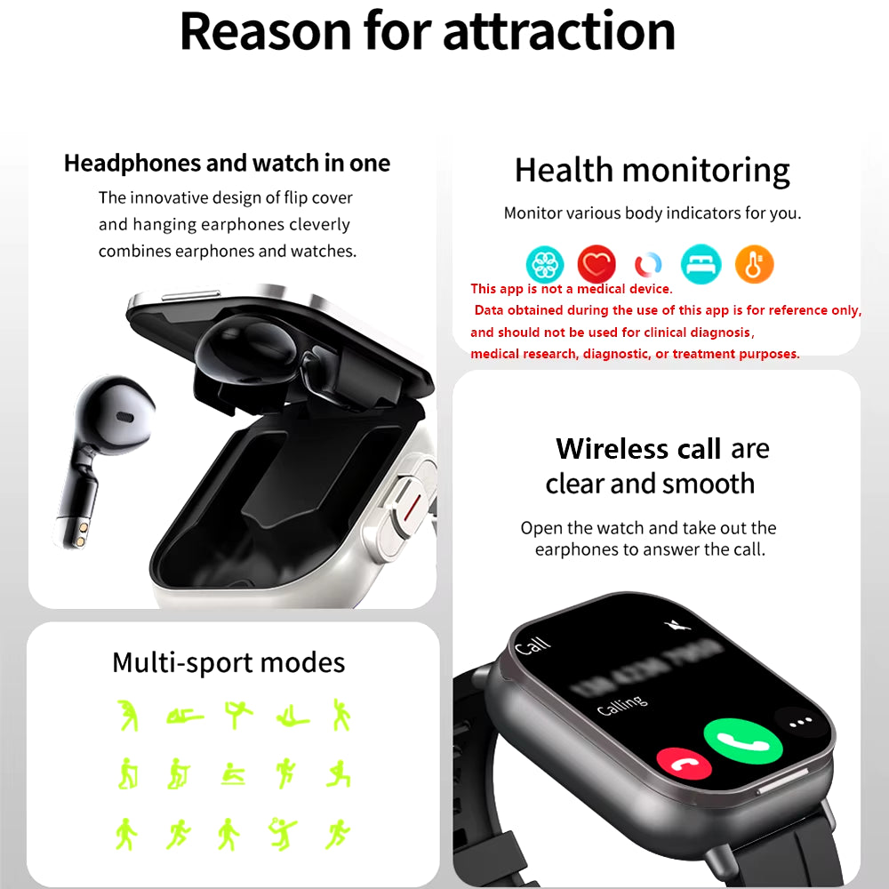 Montre connectée GPS TWS 2 en 1, Bluetooth, appels, fréquence cardiaque, pression artérielle, surveillance de la santé, écouteurs, lecture de musique