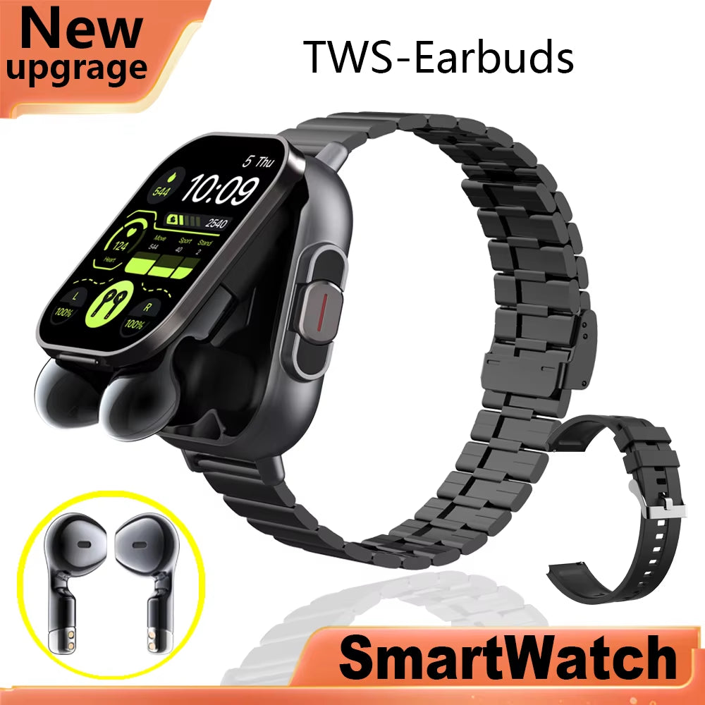Montre connectée GPS TWS 2 en 1, Bluetooth, appels, fréquence cardiaque, pression artérielle, surveillance de la santé, écouteurs, lecture de musique